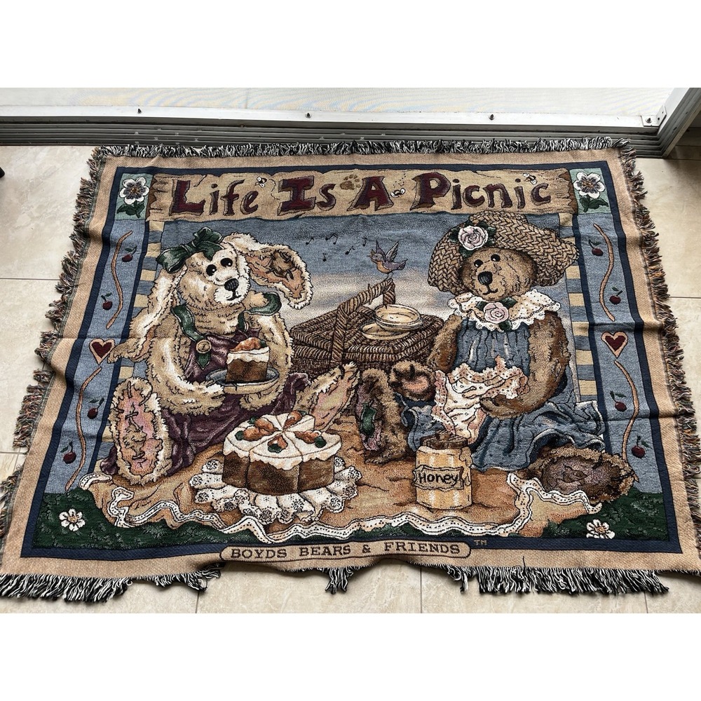 Boyds Bears and Friends Throw Blanket Woven Life is a Picnic 68"x52"